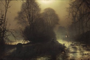 Shepherd with sheep in a moonlit lane